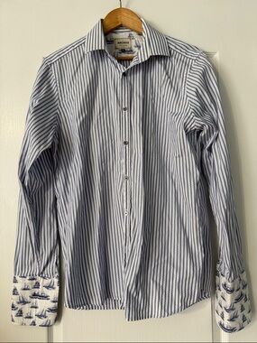 Ted Baker Archive Blue Striped Shirt with Contrast Nautical Cuffs Size 16